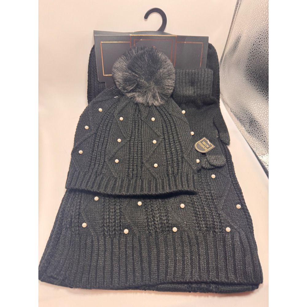 Charlotte Daniel Black Cable Knit Pearl Beanie Scarf Tech Glove 3 Piece Set NWOT